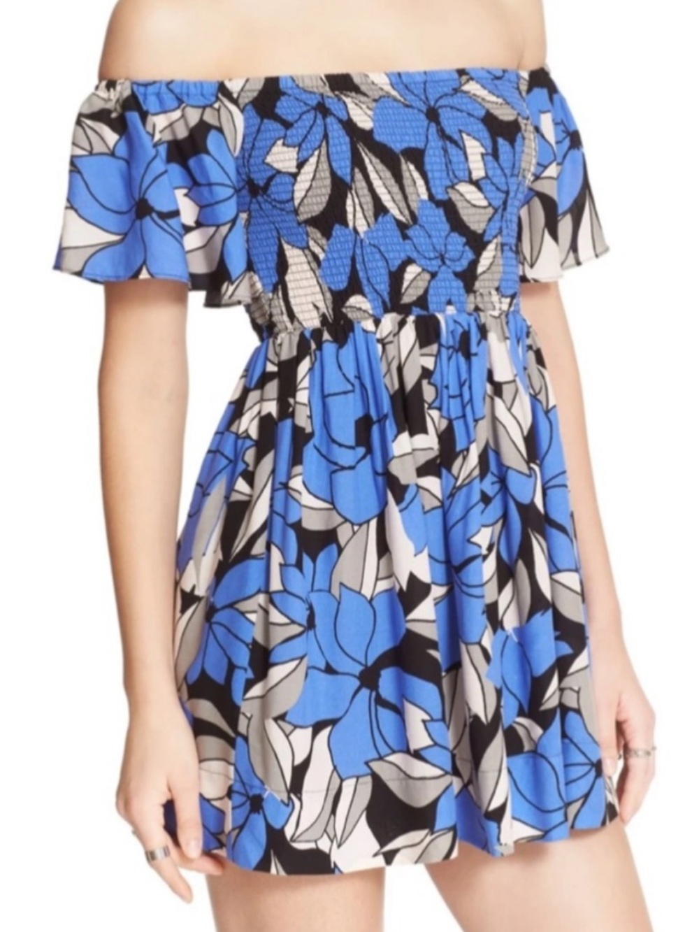Free People blue floral Louise Off the Shoulder Smocked Minidress
